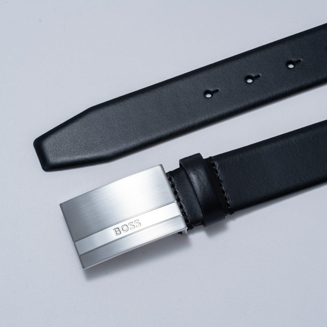 BOSS Baxton イタリアンレザーベルト　ロゴプレートバックル(80)【HBMB5001】 ブラック